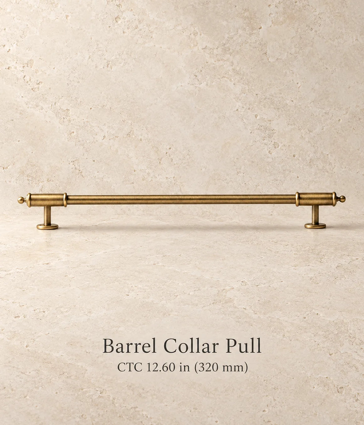 Antique brass barrel collar cabinet pull, 12.60 in (320 mm) CTC