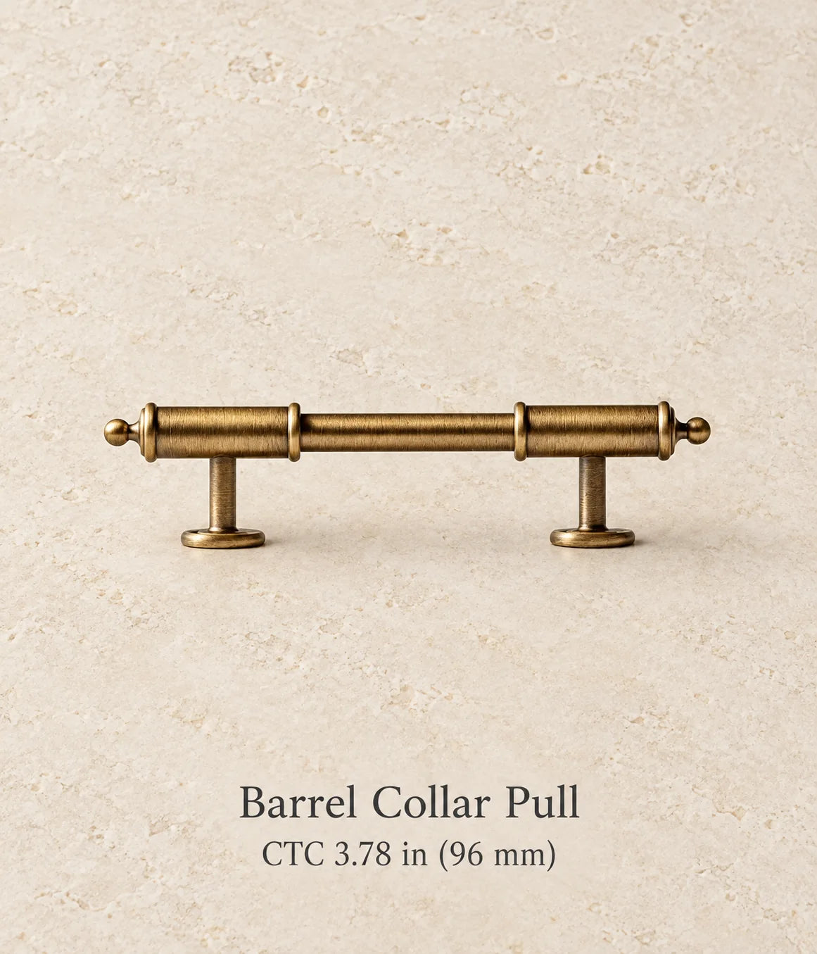 Antique brass barrel collar cabinet pull, 3.78 in (96 mm) CTC