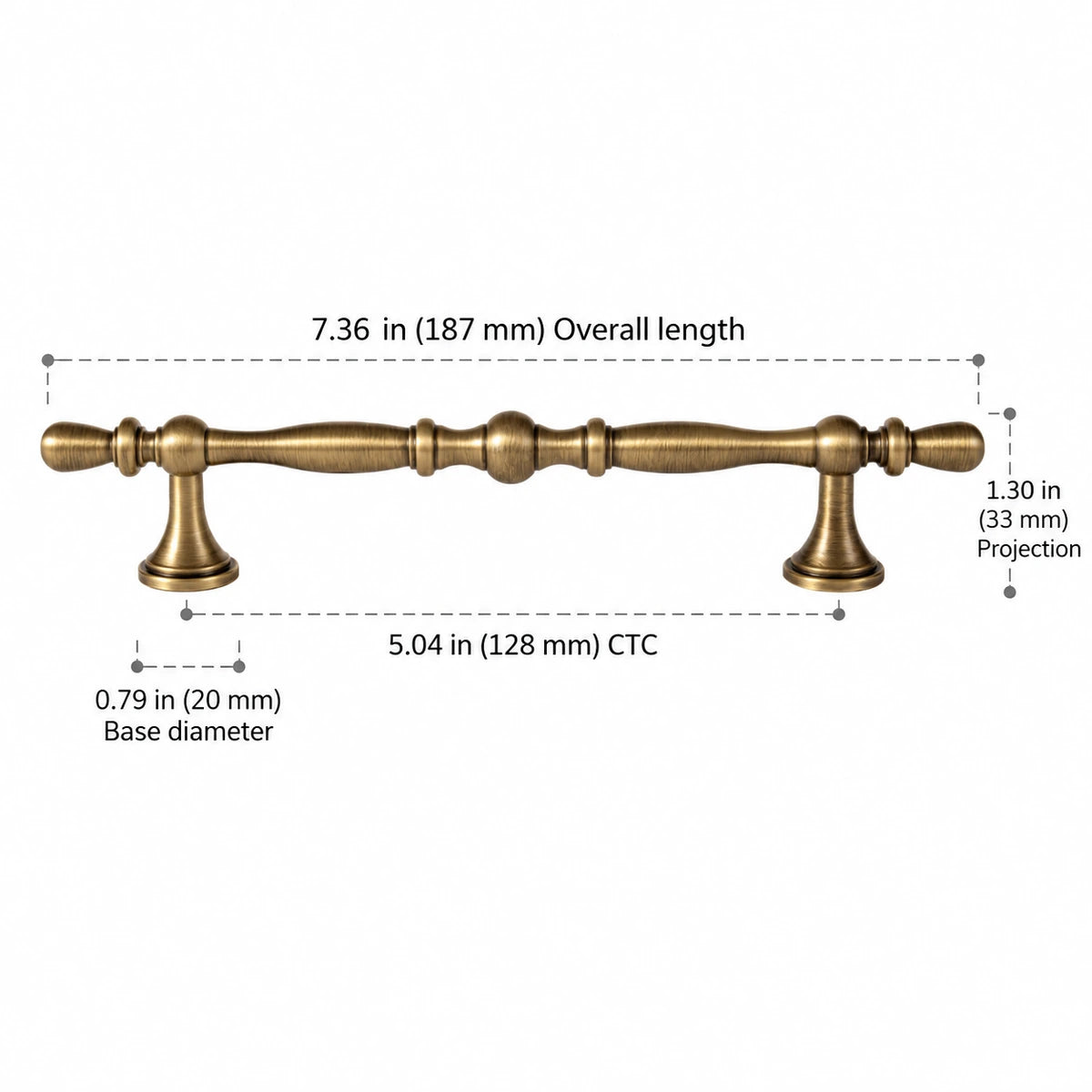 Antique brass beaded cabinet pull, 128 mm CTC, with dimensions in inches and mm