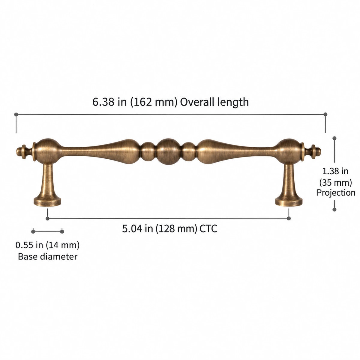 Beaded-center brass cabinet pull, 5.04 inch (128 mm) CTC, with overall length and projection dimensions