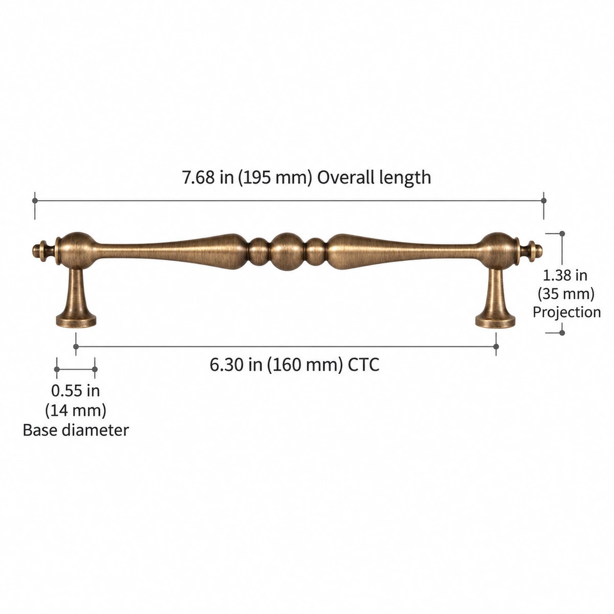 Beaded-center brass cabinet pull, 6.30 inch (160 mm) CTC, with overall length and projection dimensions