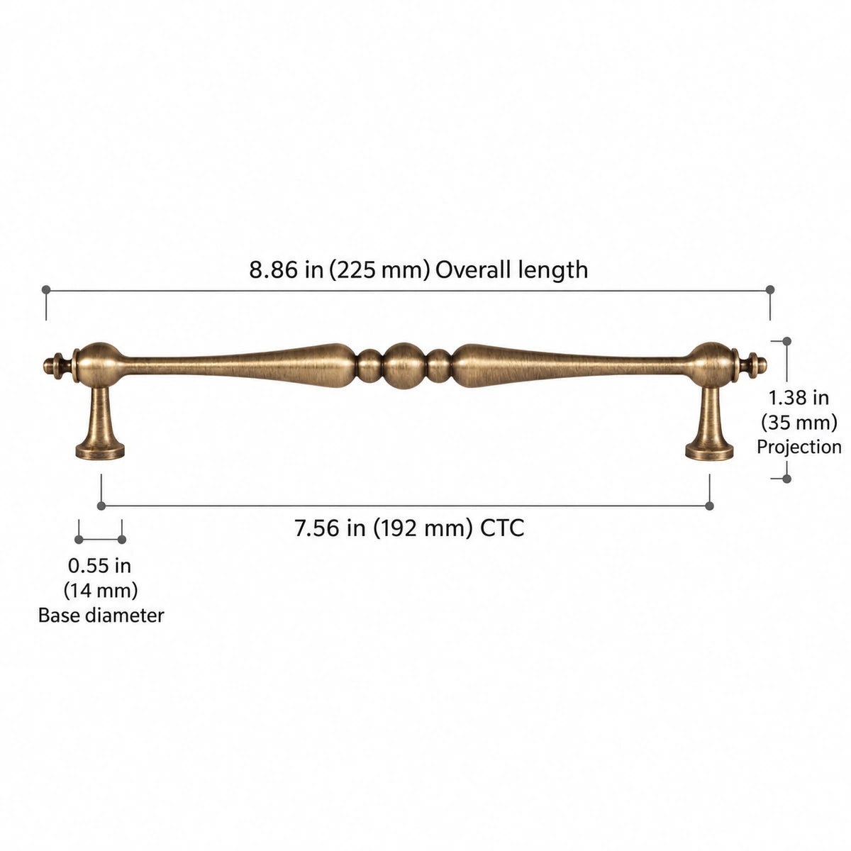 Beaded-center brass cabinet pull, 7.56 inch (192 mm) CTC, with overall length and projection dimensions
