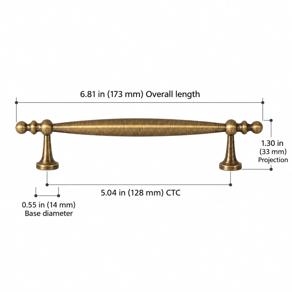 Beaded-end cabinet pull size chart: 5.04″ (128 mm) CTC, 6.81″ (173 mm) overall length, 1.30″ (33 mm) projection and 0.55″ (14 mm) base diameter