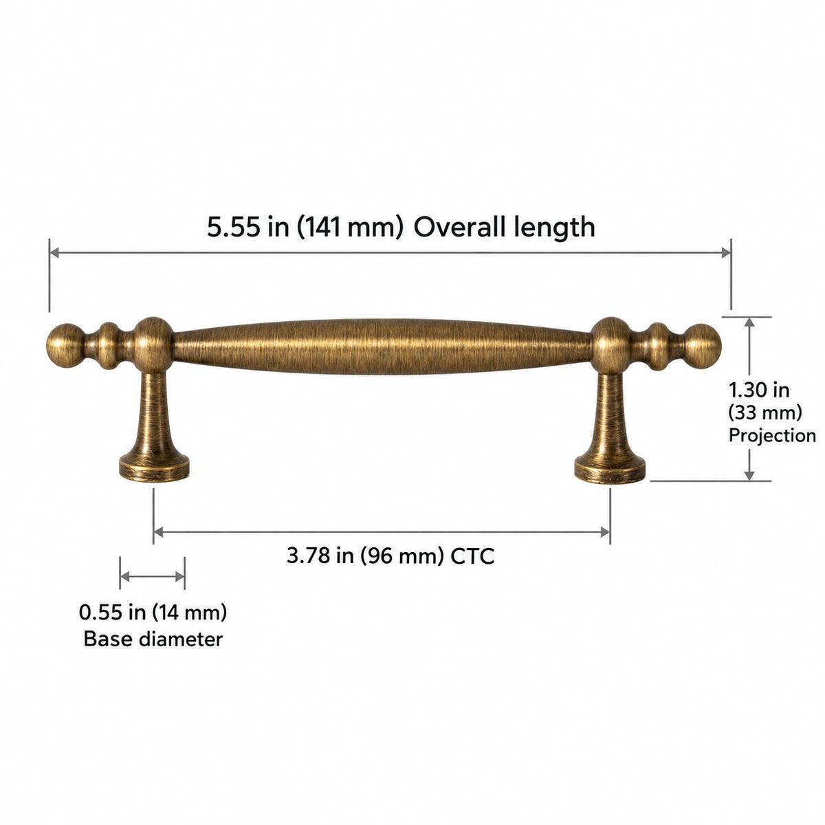 Beaded-end cabinet pull size chart: 3.78″ (96 mm) CTC, 5.55″ (141 mm) overall length, 1.30″ (33 mm) projection and 0.55″ (14 mm) base diameter