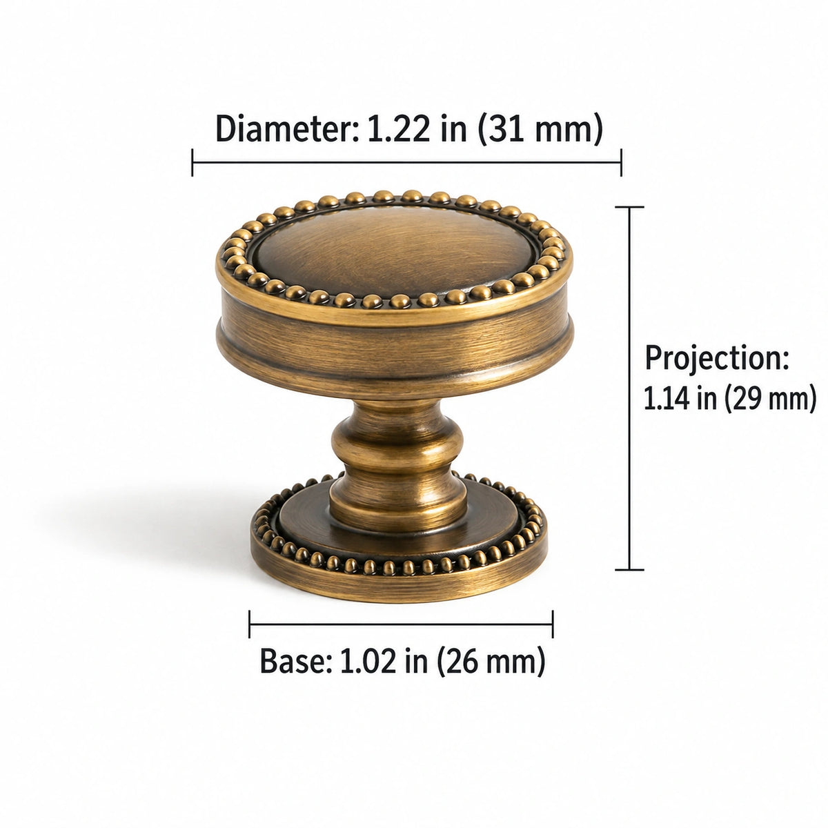Beaded-rim knob dimensions: 1.22 in (31 mm) diameter, 1.14 in (29 mm) projection, 1.02 in (26 mm) base