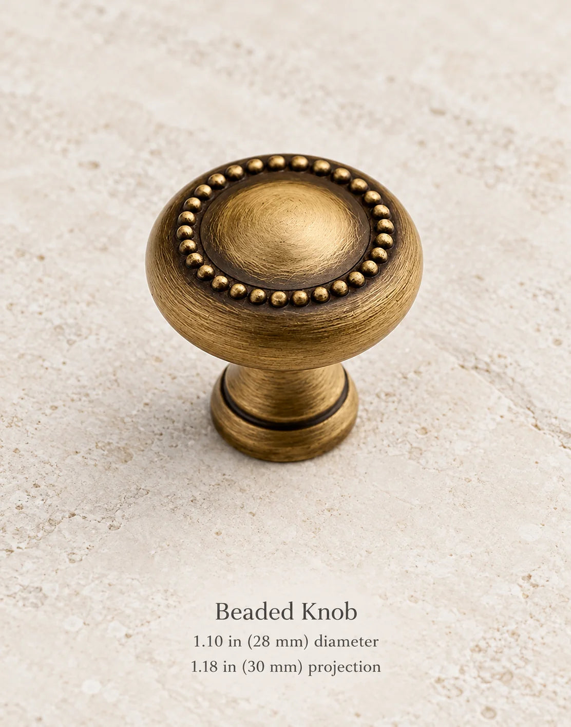 Antique brass beaded knob, 1.10 in (28 mm) diameter, 1.18 in (30 mm) projection
