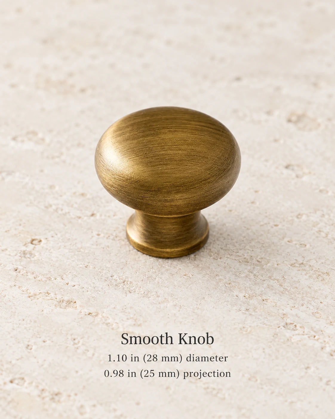 Antique brass smooth knob, 1.10 in (28 mm) diameter, 0.98 in (25 mm) projection