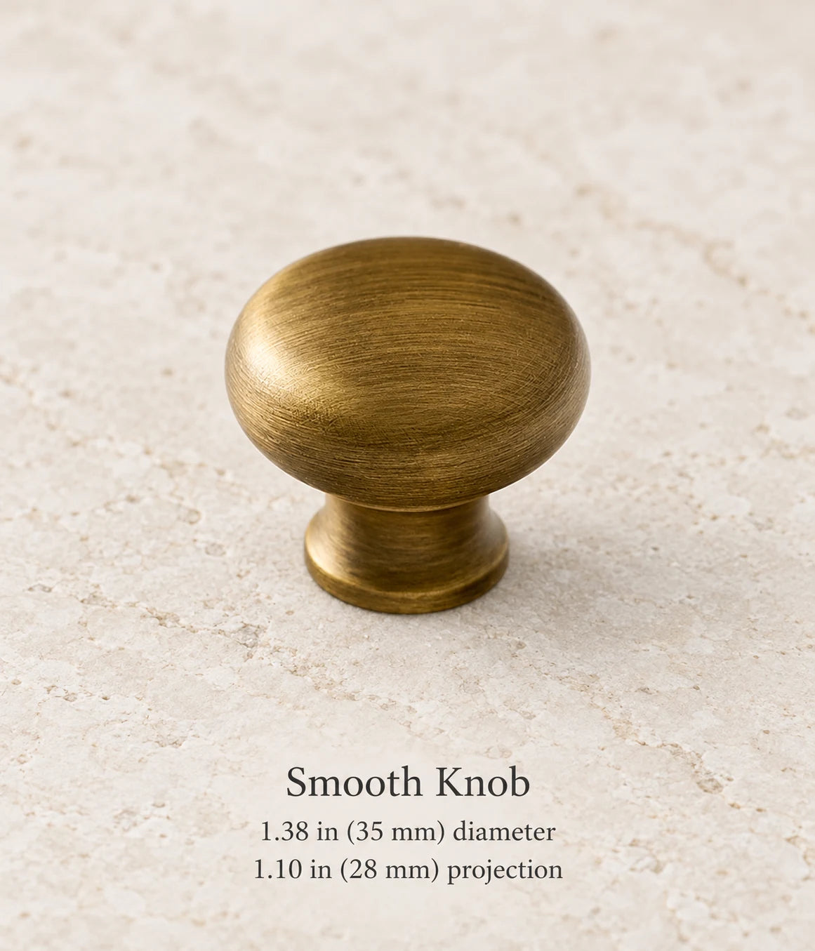 Antique brass smooth knob, 1.38 in (35 mm) diameter, 1.10 in (28 mm) projection
