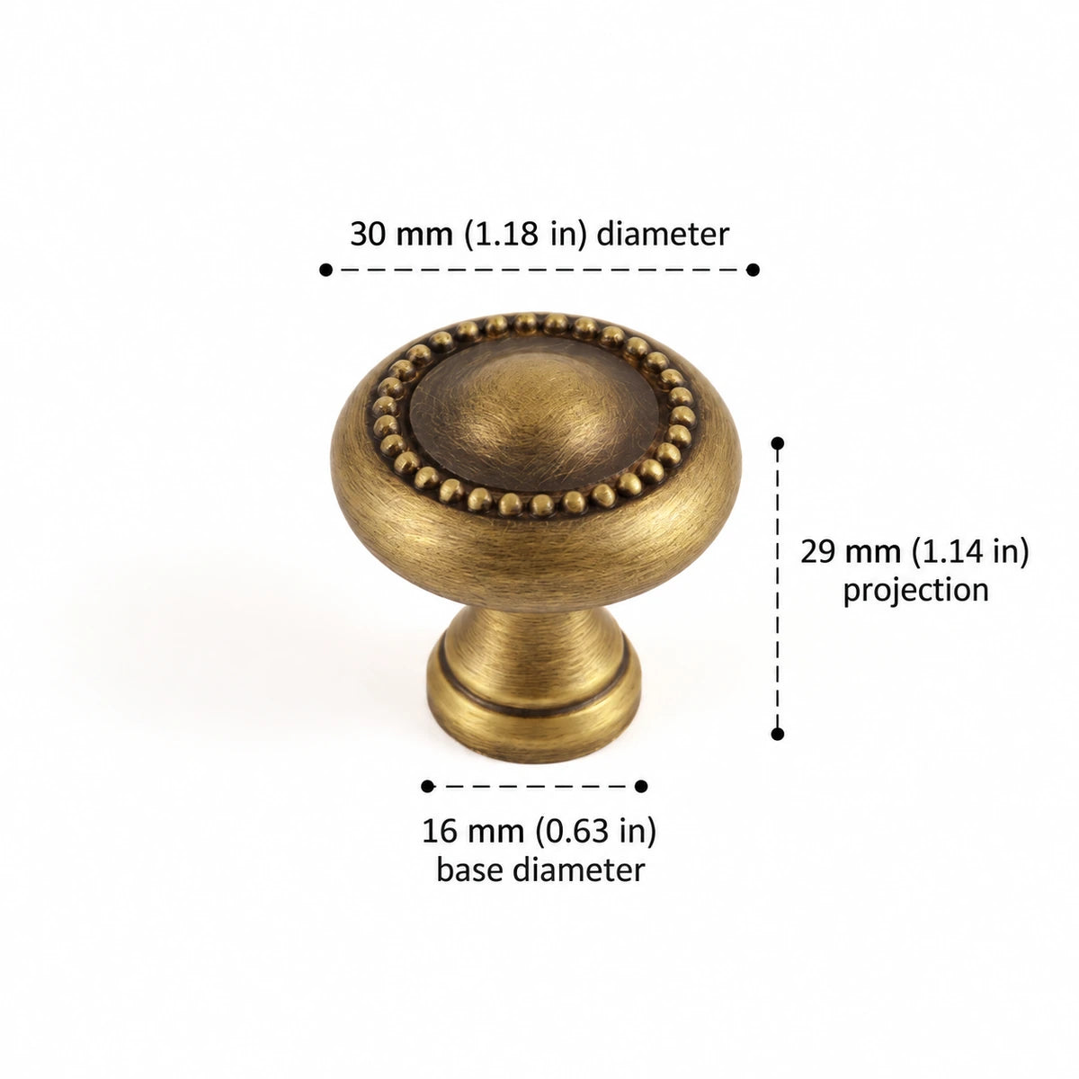 Beaded Knob — 1.18″ (30 mm) Diameter — dimensions in inches and mm