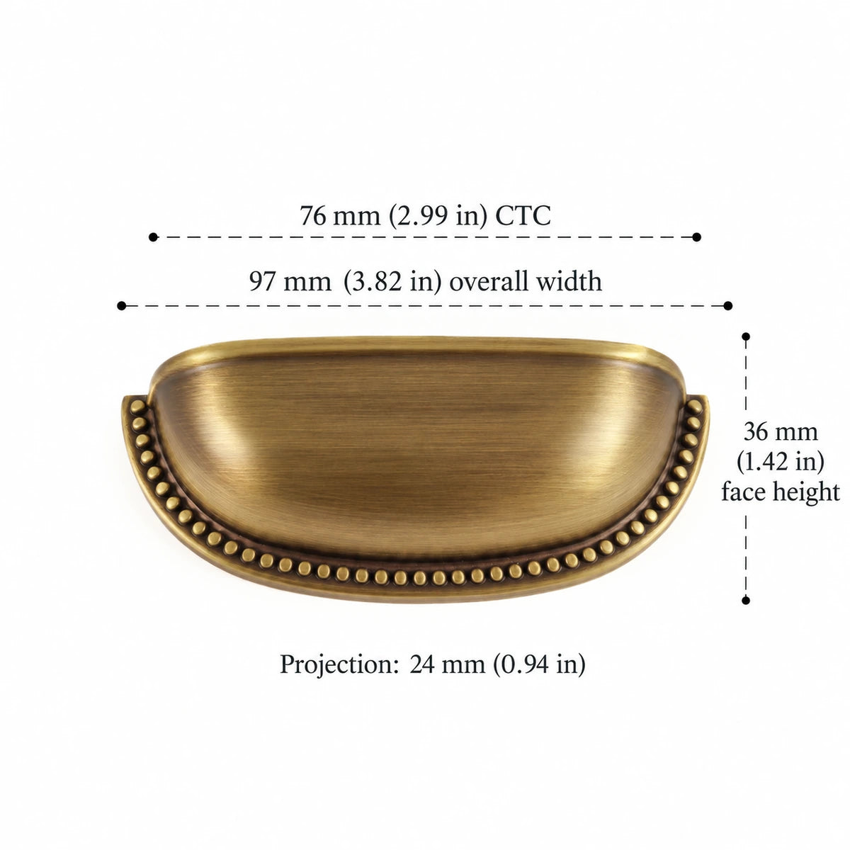 Beaded Cup Pull — 2.99″ (76 mm) CTC — dimensions in inches and mm