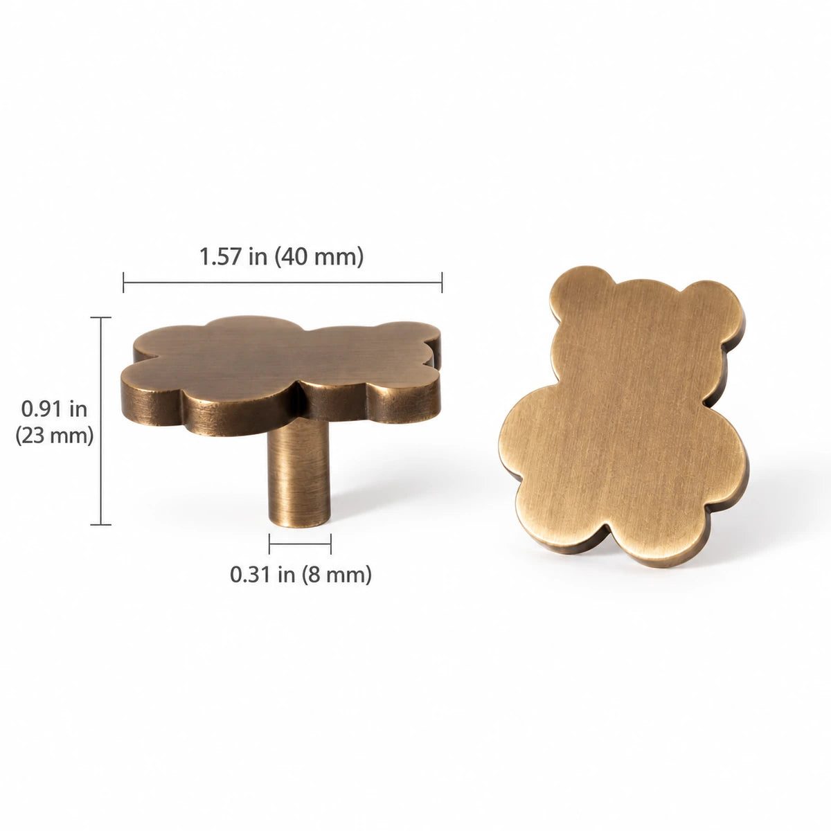 Bear cabinet knob dimension diagram with 1.57 in (40 mm) face width and 0.91 in (23 mm) projection