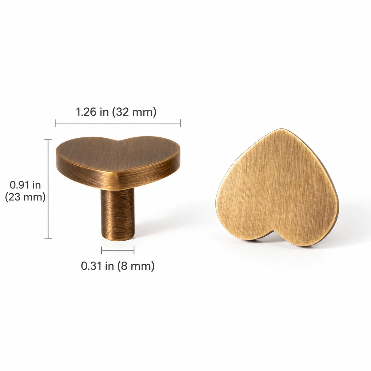 Heart cabinet knob dimension diagram with 1.26 in (32 mm) face width and 0.91 in (23 mm) projection