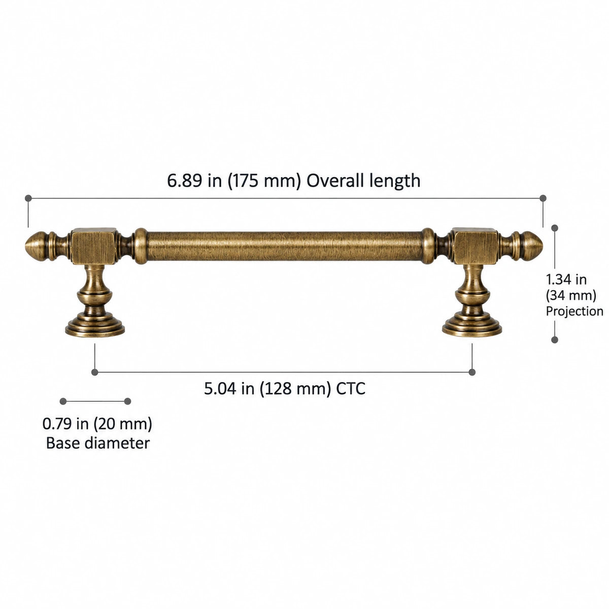 Block-End Pull — 5.04″ (128 mm) CTC — overall length 6.89″ (175 mm), projection 1.34″ (34 mm), base diameter 0.79″ (20 mm)
