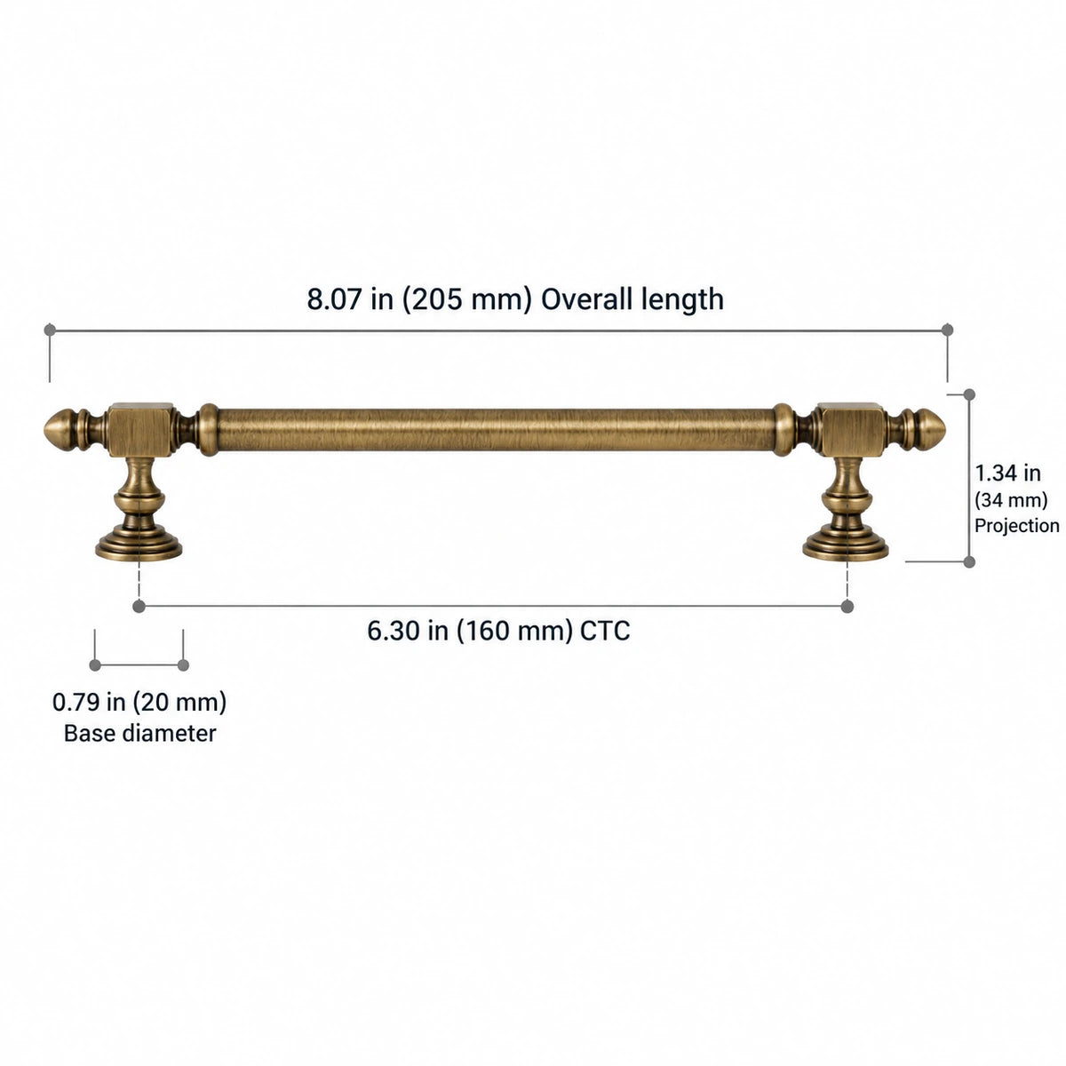 Block-End Pull — 6.30″ (160 mm) CTC — overall length 8.07″ (205 mm), projection 1.34″ (34 mm), base diameter 0.79″ (20 mm)