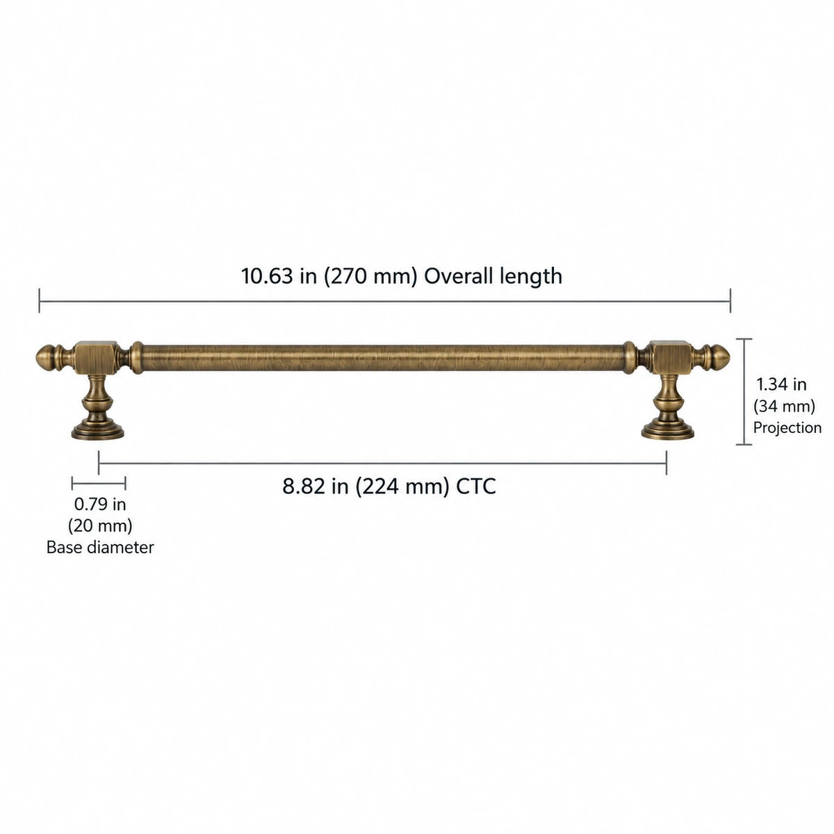 Block-End Pull — 8.82″ (224 mm) CTC — overall length 10.63″ (270 mm), projection 1.34″ (34 mm), base diameter 0.79″ (20 mm)