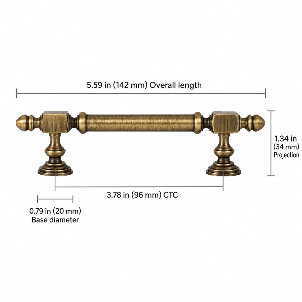 Block-End Pull — 3.78″ (96 mm) CTC — overall length 5.59″ (142 mm), projection 1.34″ (34 mm), base diameter 0.79″ (20 mm)