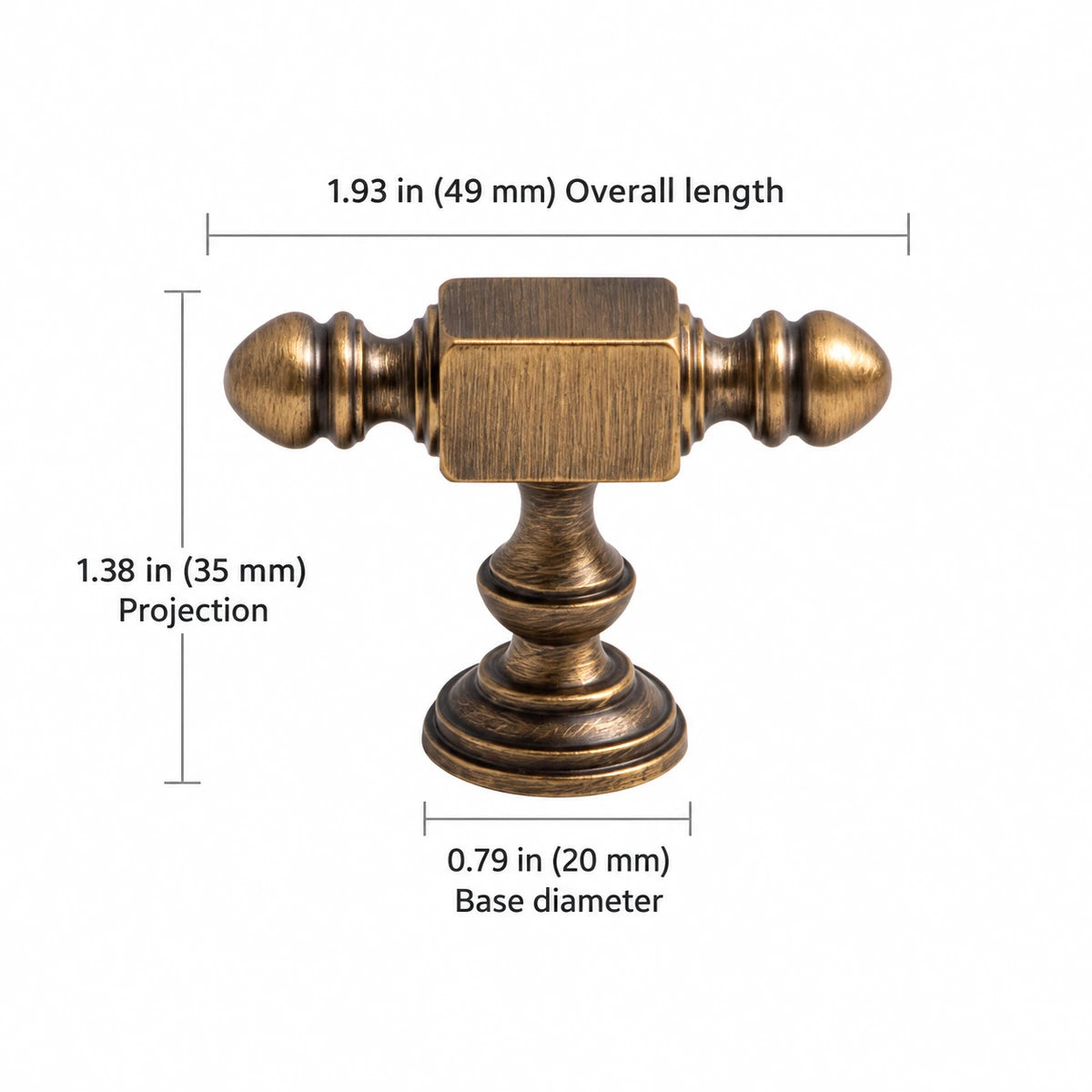 Block T-Knob — 1.93″ (49 mm) Length — overall length 1.93″ (49 mm), projection 1.38″ (35 mm), base diameter 0.79″ (20 mm)