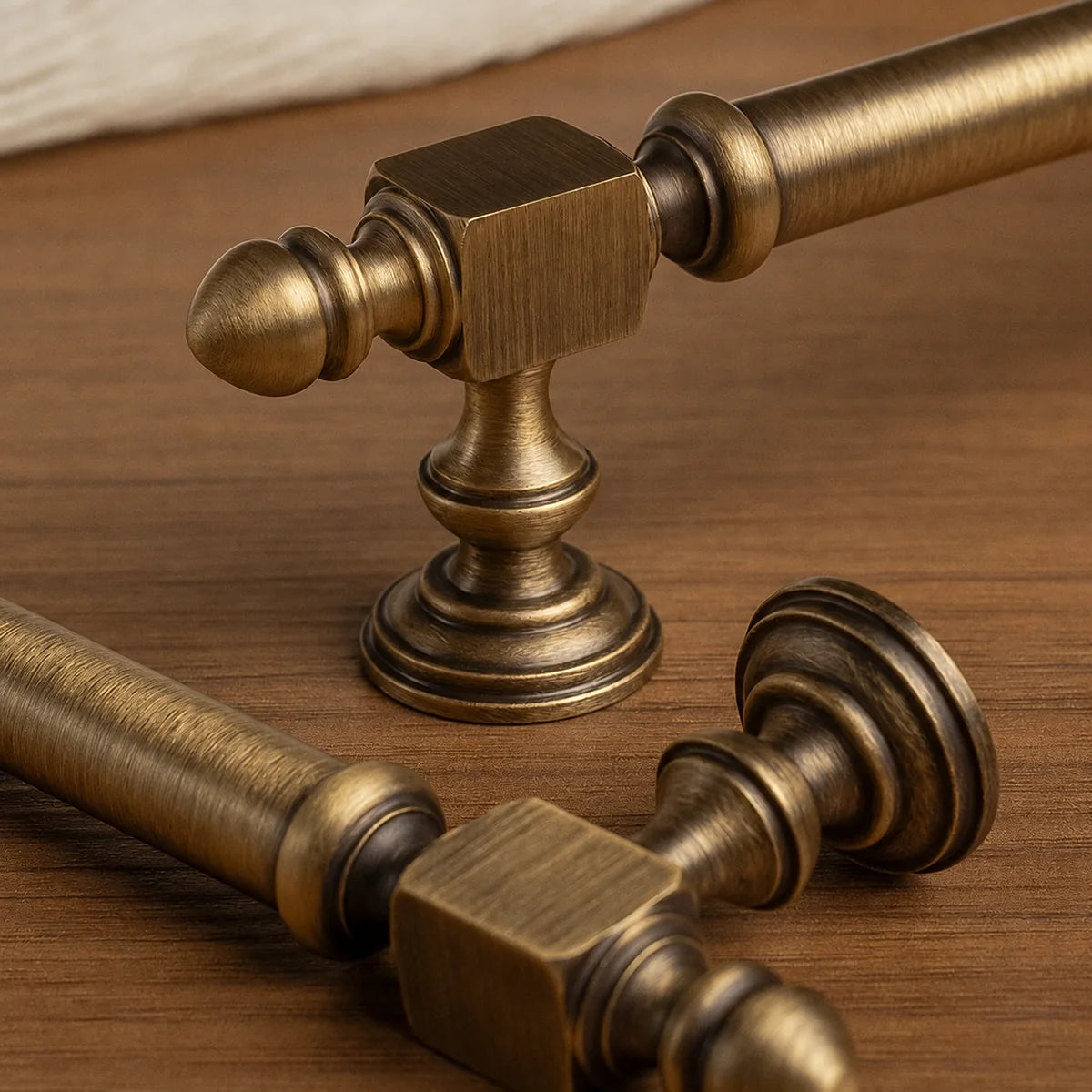 Close-up of square blocks, acorn finials and stepped round mounting bases in antique brass