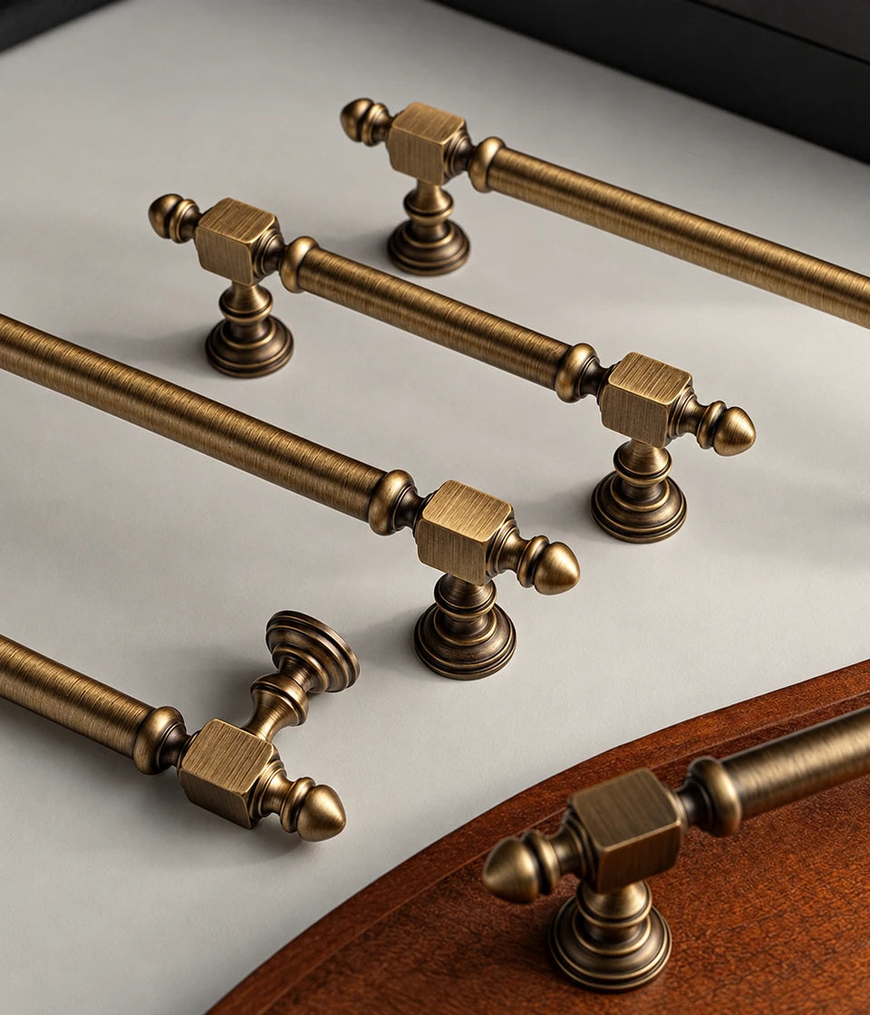 Antique brass pulls with square end blocks and stepped bases arranged on a gray surface