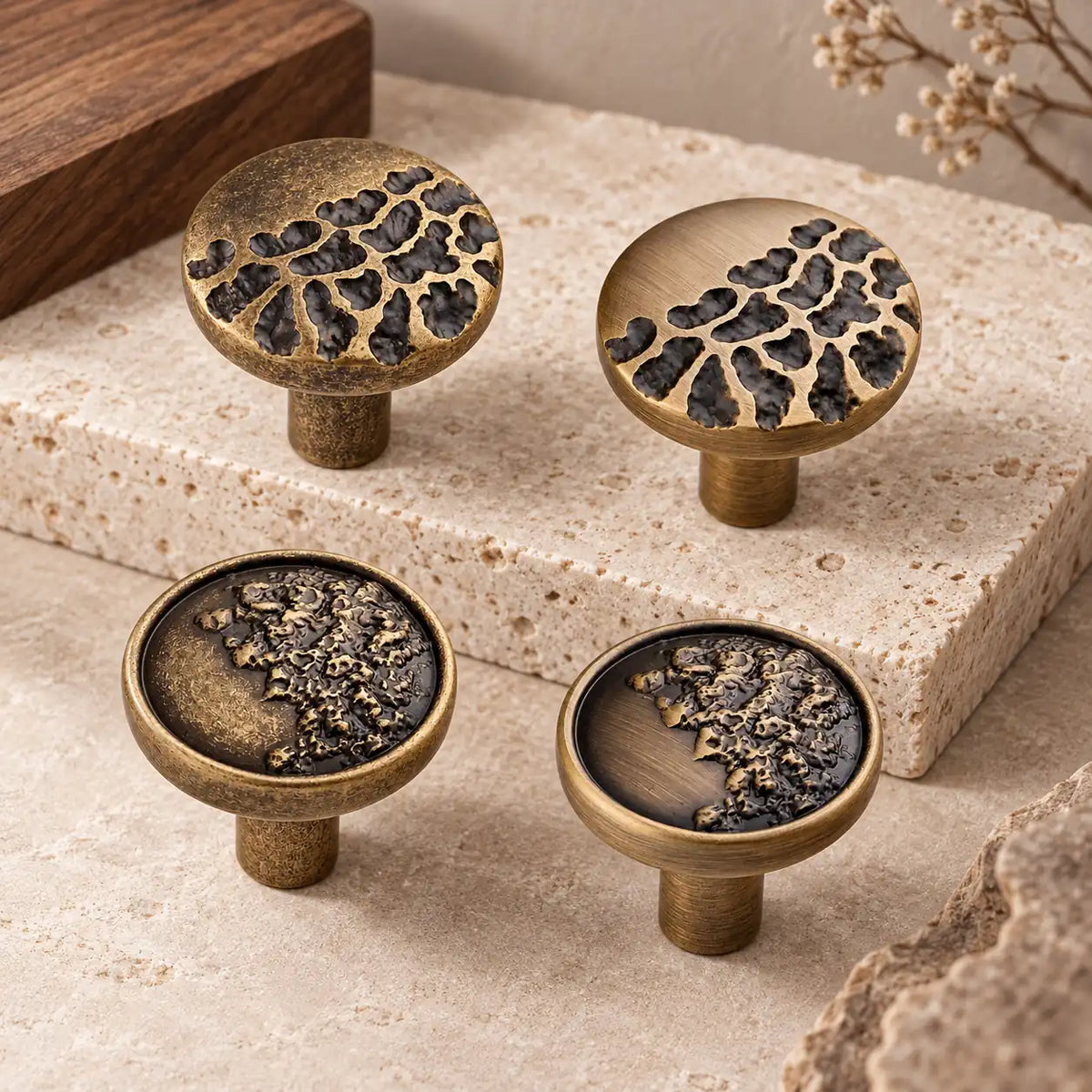 Four antique brass botanical relief cabinet knob styles on a premium limestone background