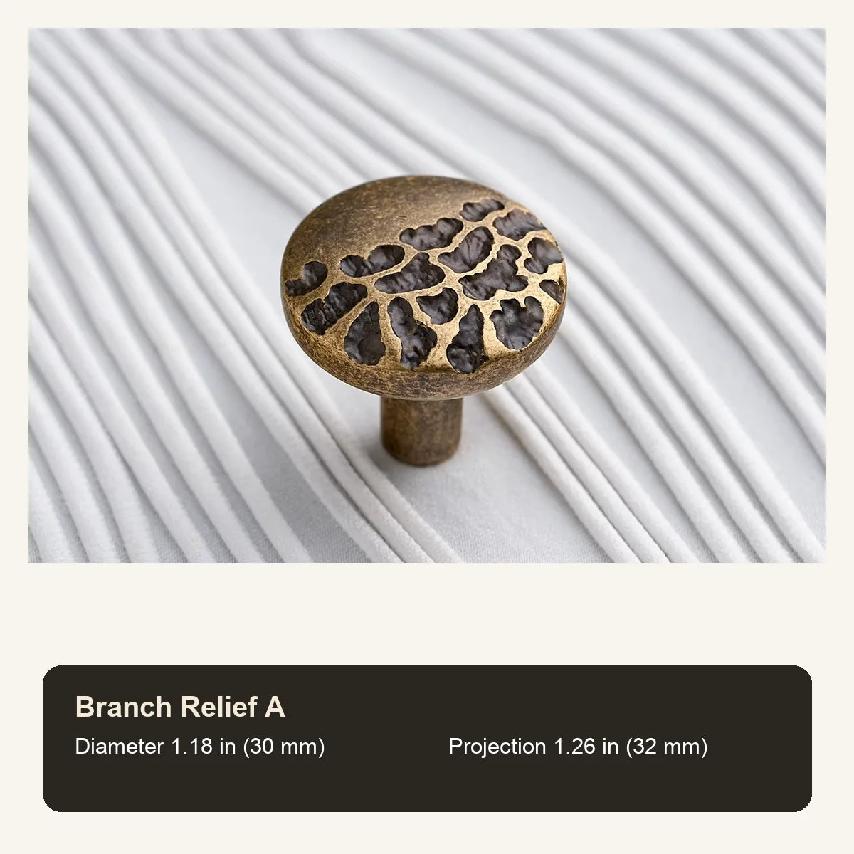 Antique brass Branch Relief A cabinet knob with inch and mm dimensions