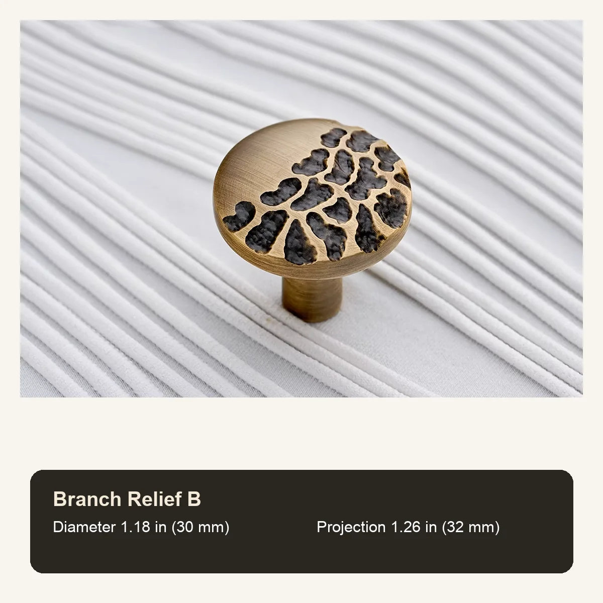 Antique brass Branch Relief B cabinet knob with inch and mm dimensions
