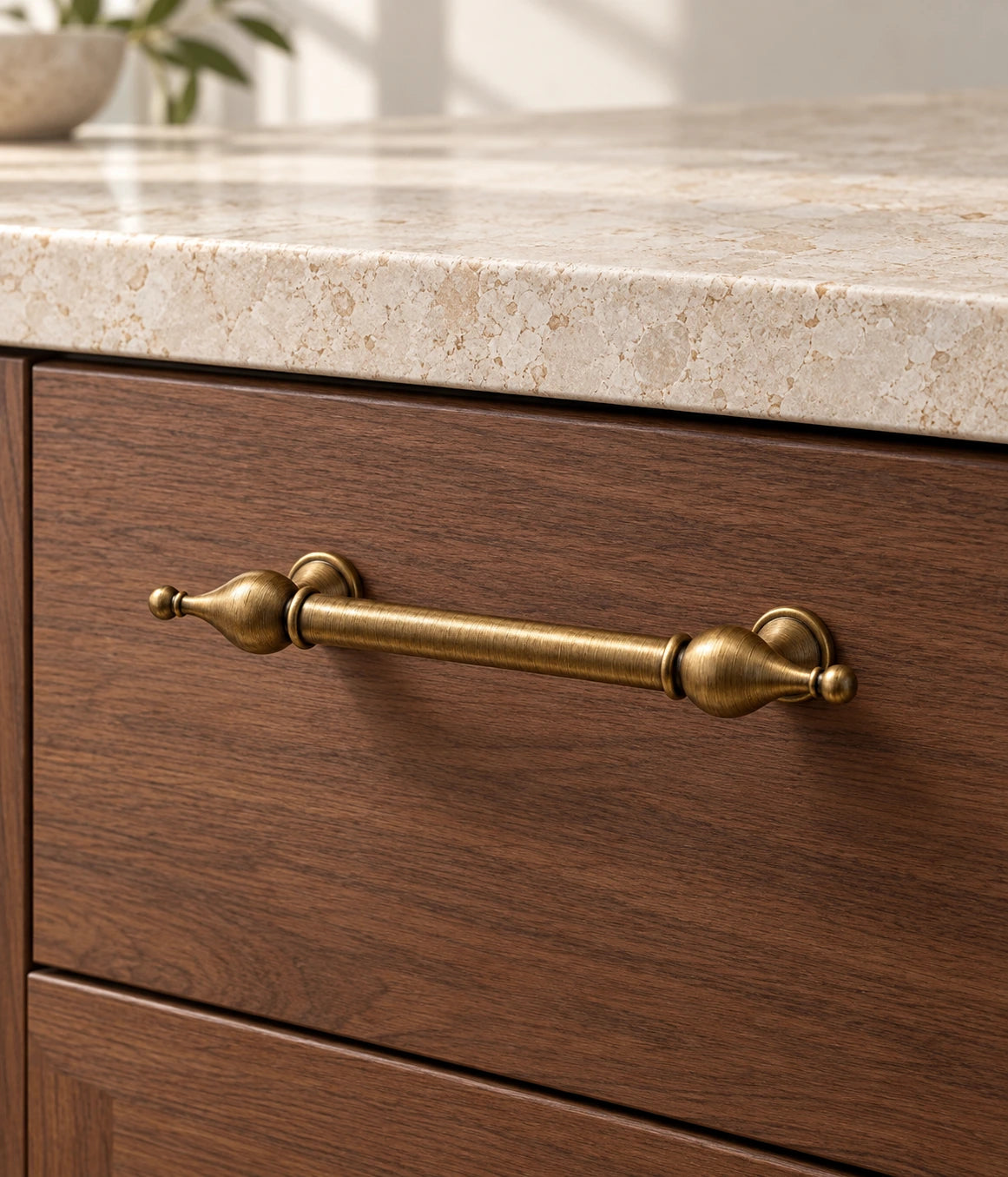 Antique Brass Bulb-Finial Cabinet Pulls & T-Knob installed on a walnut cabinet drawer