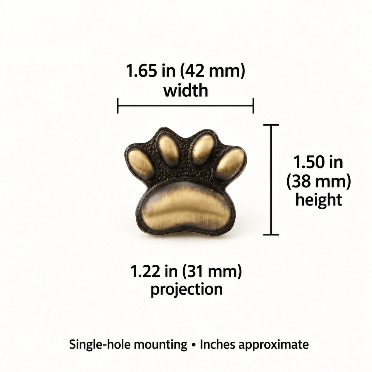 Cat paw cabinet knob dimensions: 1.65 in (42 mm) wide, 1.50 in (38 mm) high and 1.22 in (31 mm) projection