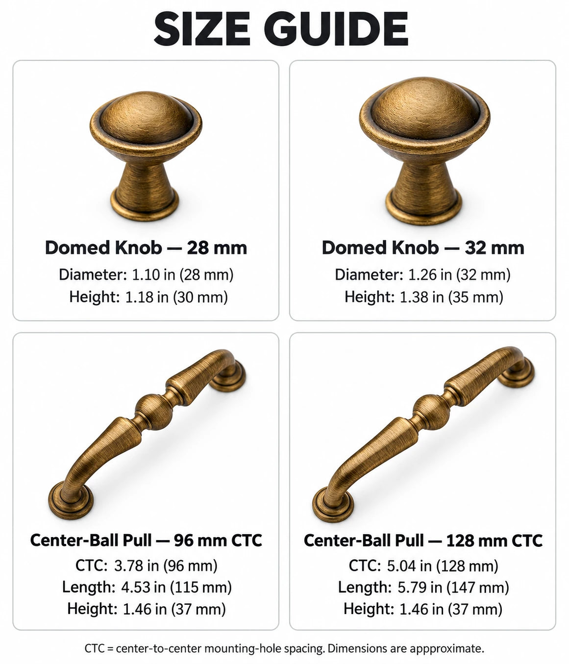 Size guide for 28 and 32 mm domed knobs and 96 and 128 mm CTC pulls, with inches