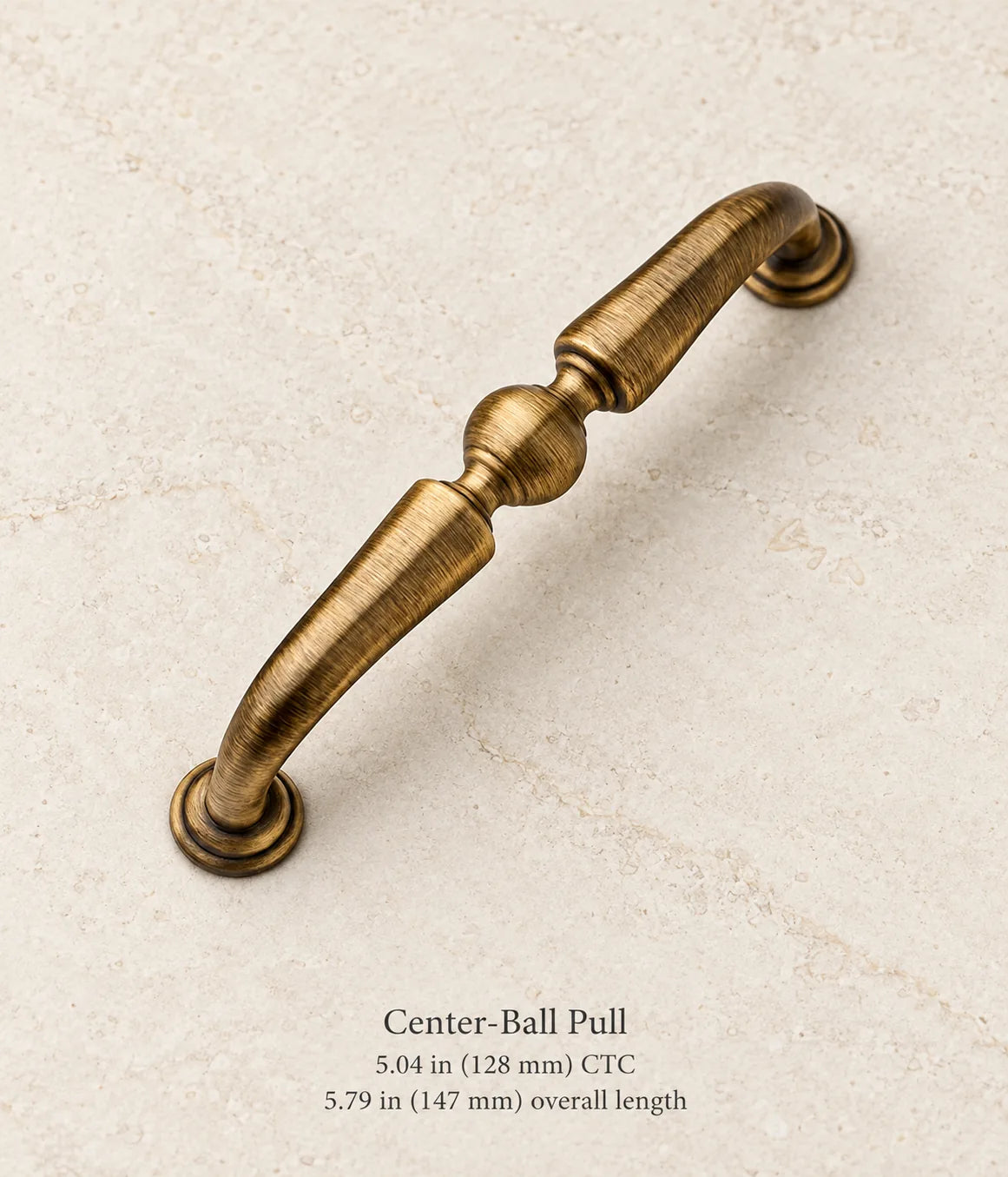 Antique brass center-ball pull, 5.04 in (128 mm) CTC, 5.79 in (147 mm) overall length