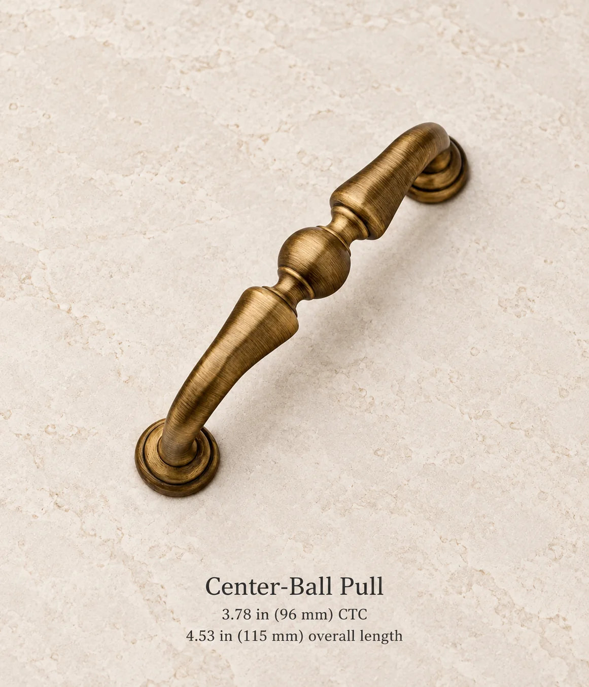 Antique brass center-ball pull, 3.78 in (96 mm) CTC, 4.53 in (115 mm) overall length