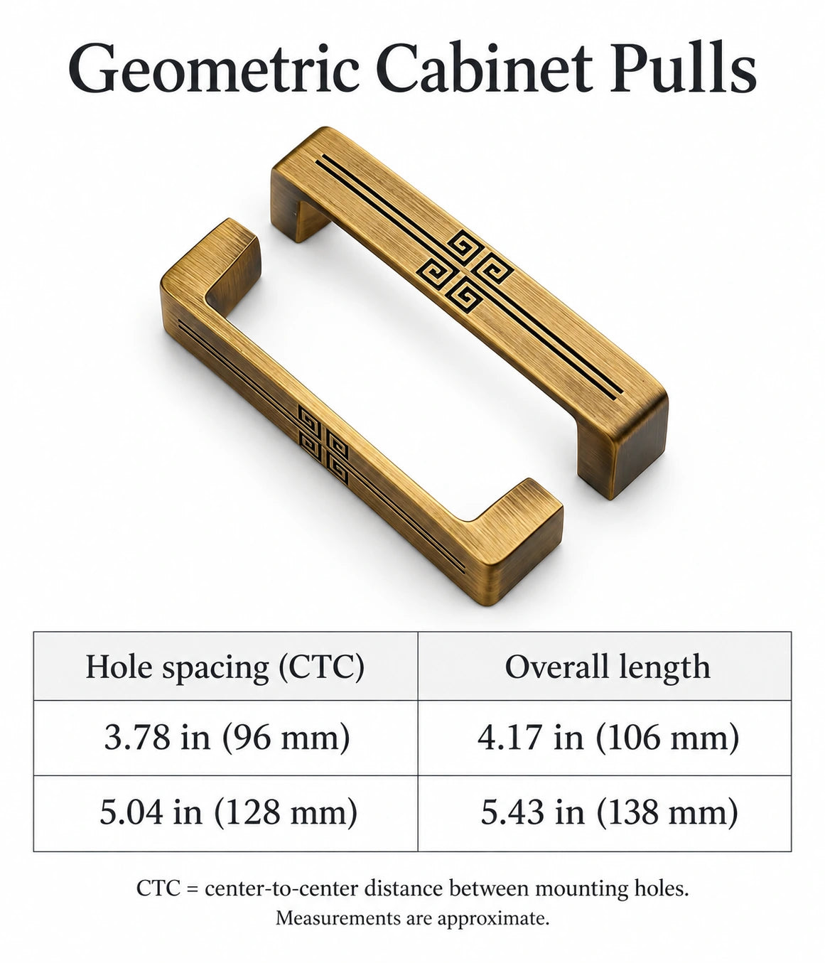 Cabinet pull sizes: 3.78 in (96 mm) and 5.04 in (128 mm) center-to-center hole spacing