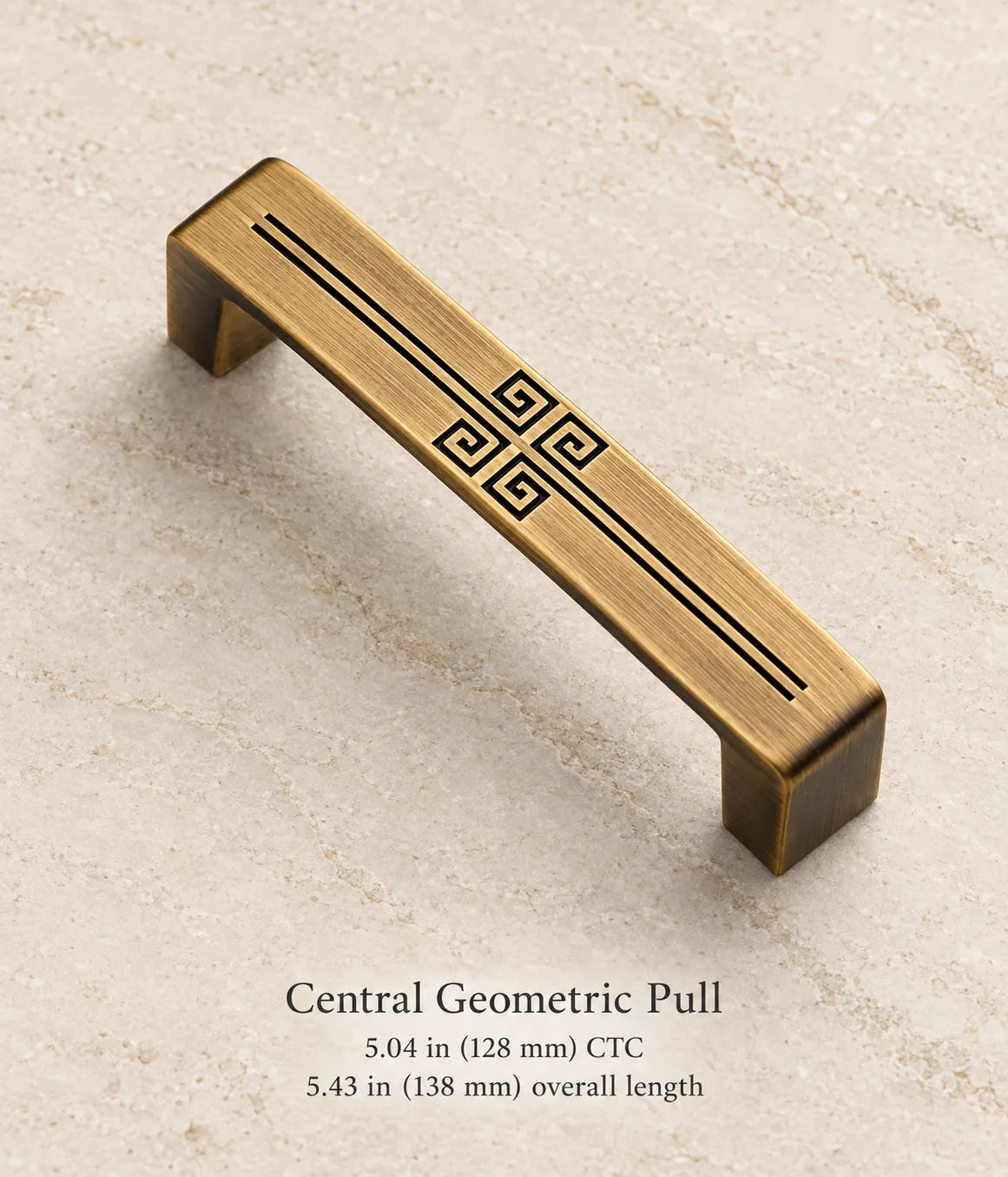 Antique brass central geometric pull, 5.04 in (128 mm) CTC, 5.43 in (138 mm) overall length