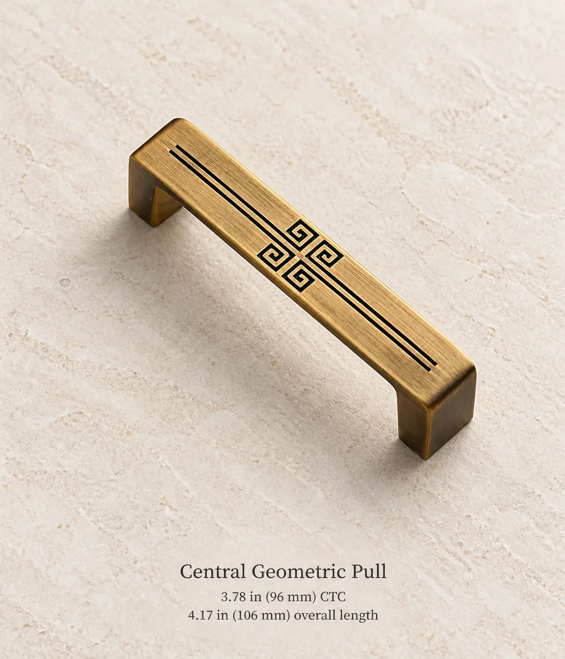 Antique brass central geometric pull, 3.78 in (96 mm) CTC, 4.17 in (106 mm) overall length
