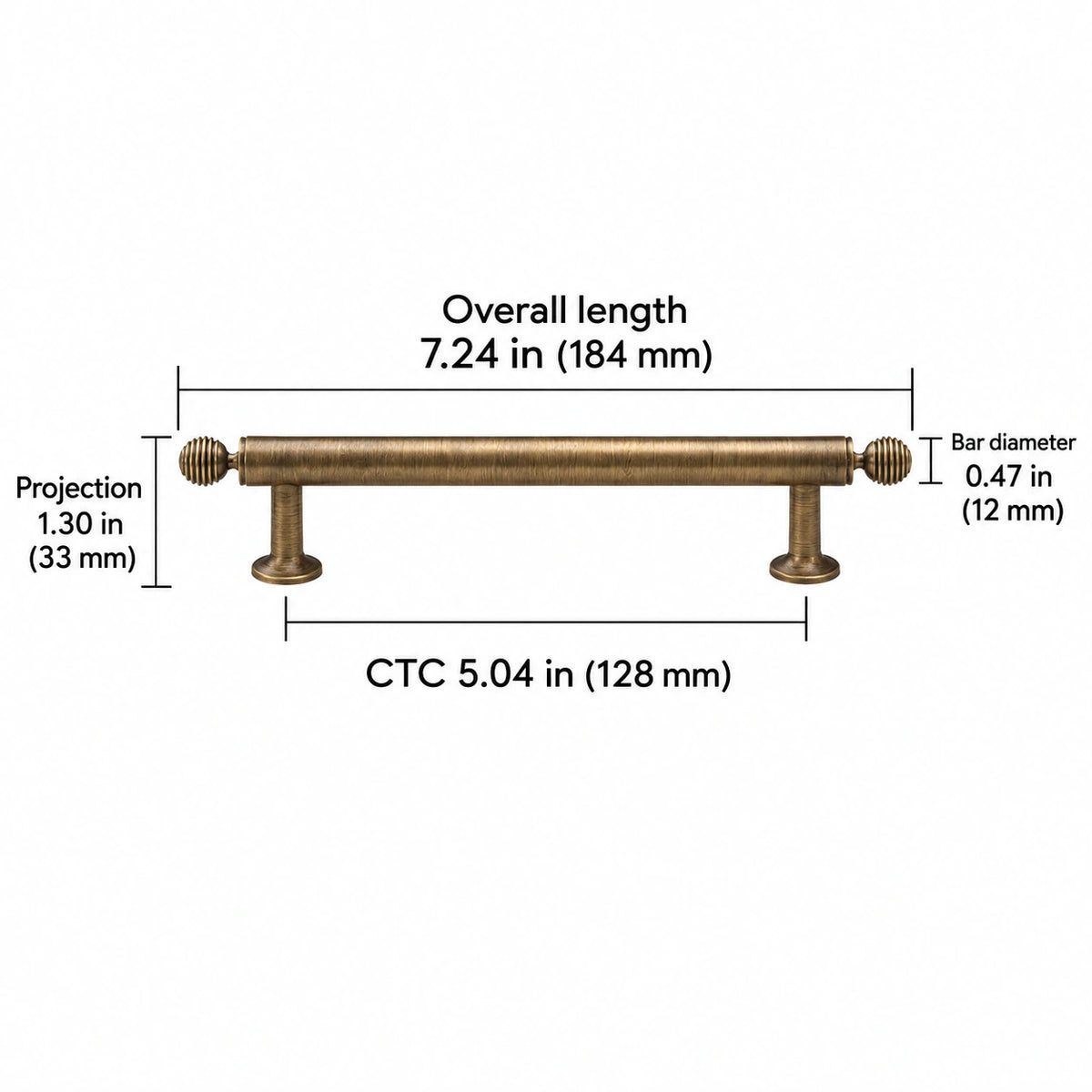 Antique brass ringed ball hardware dimensions: Overall length 7.24 in (184 mm); CTC 5.04 in (128 mm); Projection 1.30 in (33 mm); Bar diameter 0.47 in (12 mm)