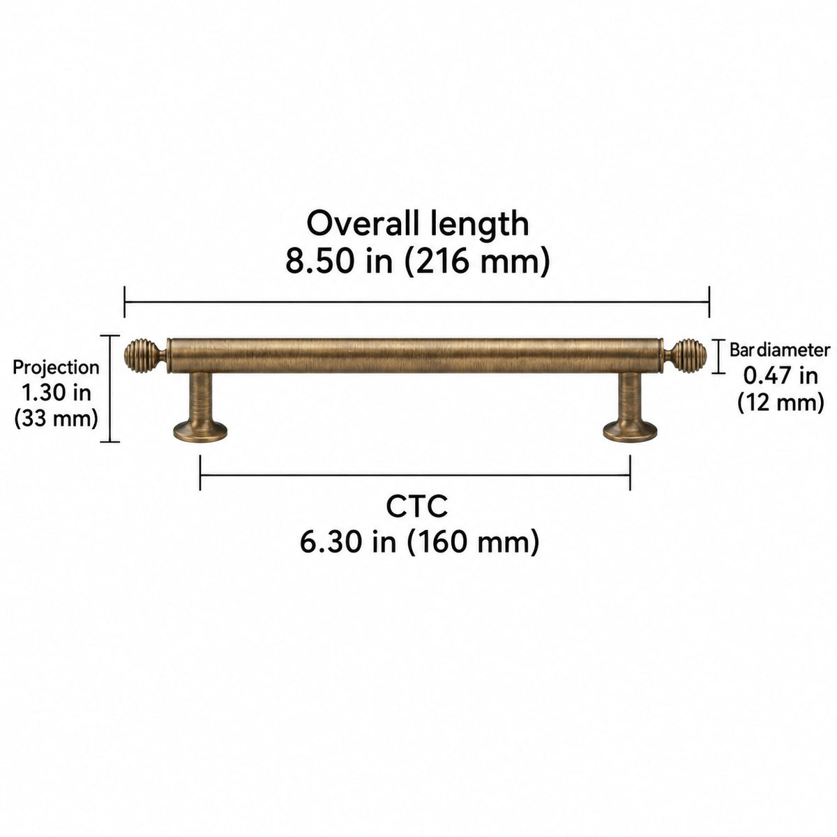Antique brass ringed ball hardware dimensions: Overall length 8.50 in (216 mm); CTC 6.30 in (160 mm); Projection 1.30 in (33 mm); Bar diameter 0.47 in (12 mm)
