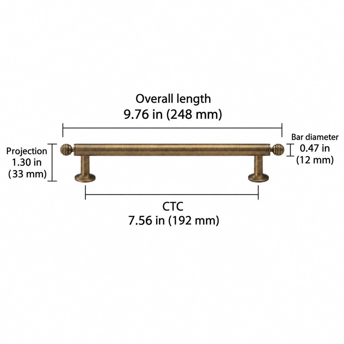 Antique brass ringed ball hardware dimensions: Overall length 9.76 in (248 mm); CTC 7.56 in (192 mm); Projection 1.30 in (33 mm); Bar diameter 0.47 in (12 mm)