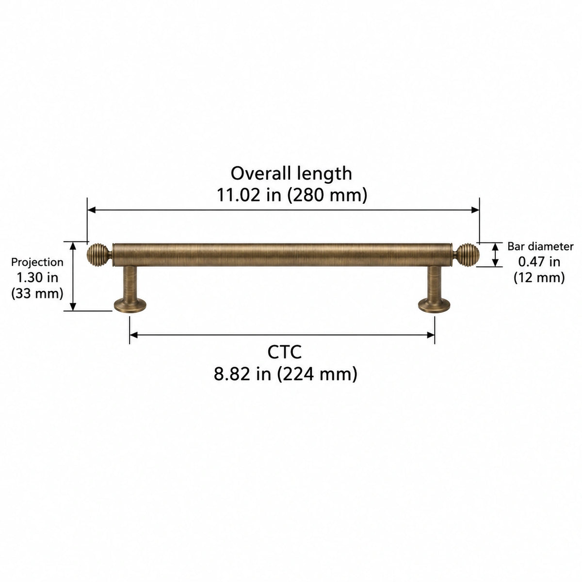 Antique brass ringed ball hardware dimensions: Overall length 11.02 in (280 mm); CTC 8.82 in (224 mm); Projection 1.30 in (33 mm); Bar diameter 0.47 in (12 mm)