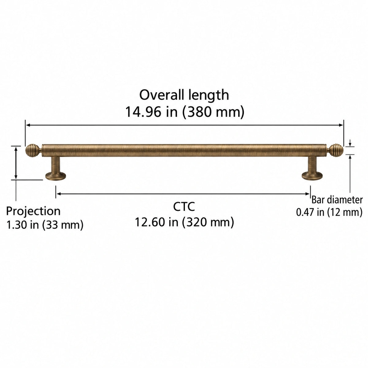 Antique brass ringed ball hardware dimensions: Overall length 14.96 in (380 mm); CTC 12.60 in (320 mm); Projection 1.30 in (33 mm); Bar diameter 0.47 in (12 mm)