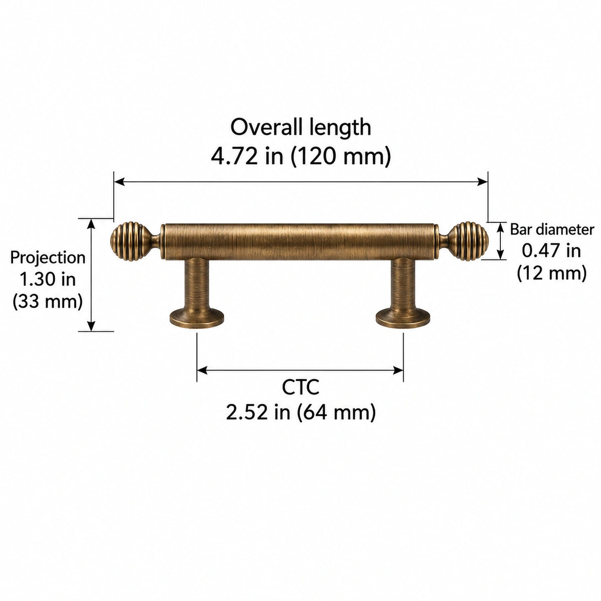 Antique brass ringed ball hardware dimensions: Overall length 4.72 in (120 mm); CTC 2.52 in (64 mm); Projection 1.30 in (33 mm); Bar diameter 0.47 in (12 mm)