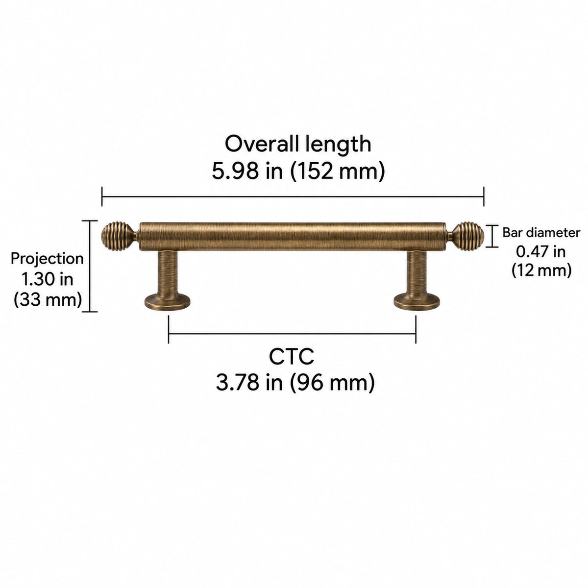 Antique brass ringed ball hardware dimensions: Overall length 5.98 in (152 mm); CTC 3.78 in (96 mm); Projection 1.30 in (33 mm); Bar diameter 0.47 in (12 mm)