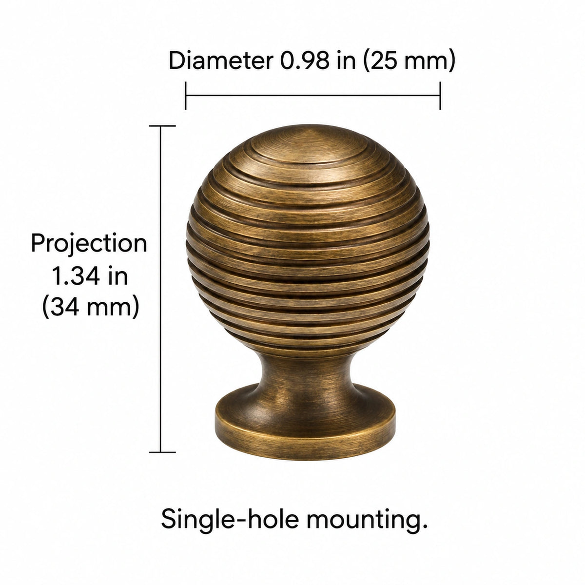 Antique brass ringed ball hardware dimensions: Diameter 0.98 in (25 mm); Projection 1.34 in (34 mm); Single-hole mounting