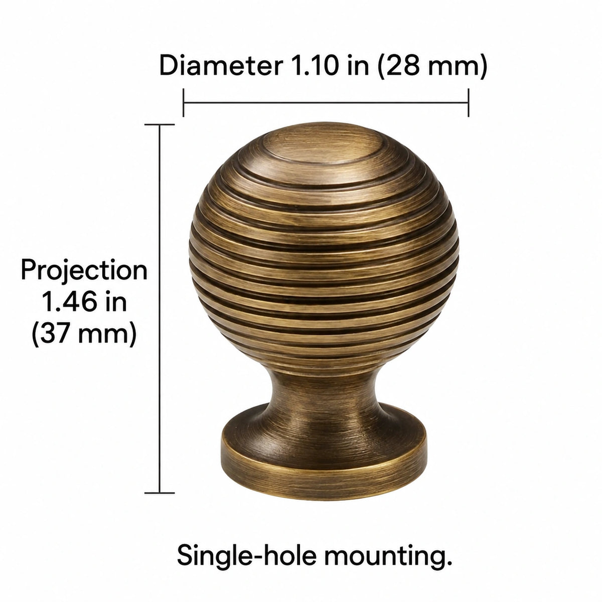 Antique brass ringed ball hardware dimensions: Diameter 1.10 in (28 mm); Projection 1.46 in (37 mm); Single-hole mounting