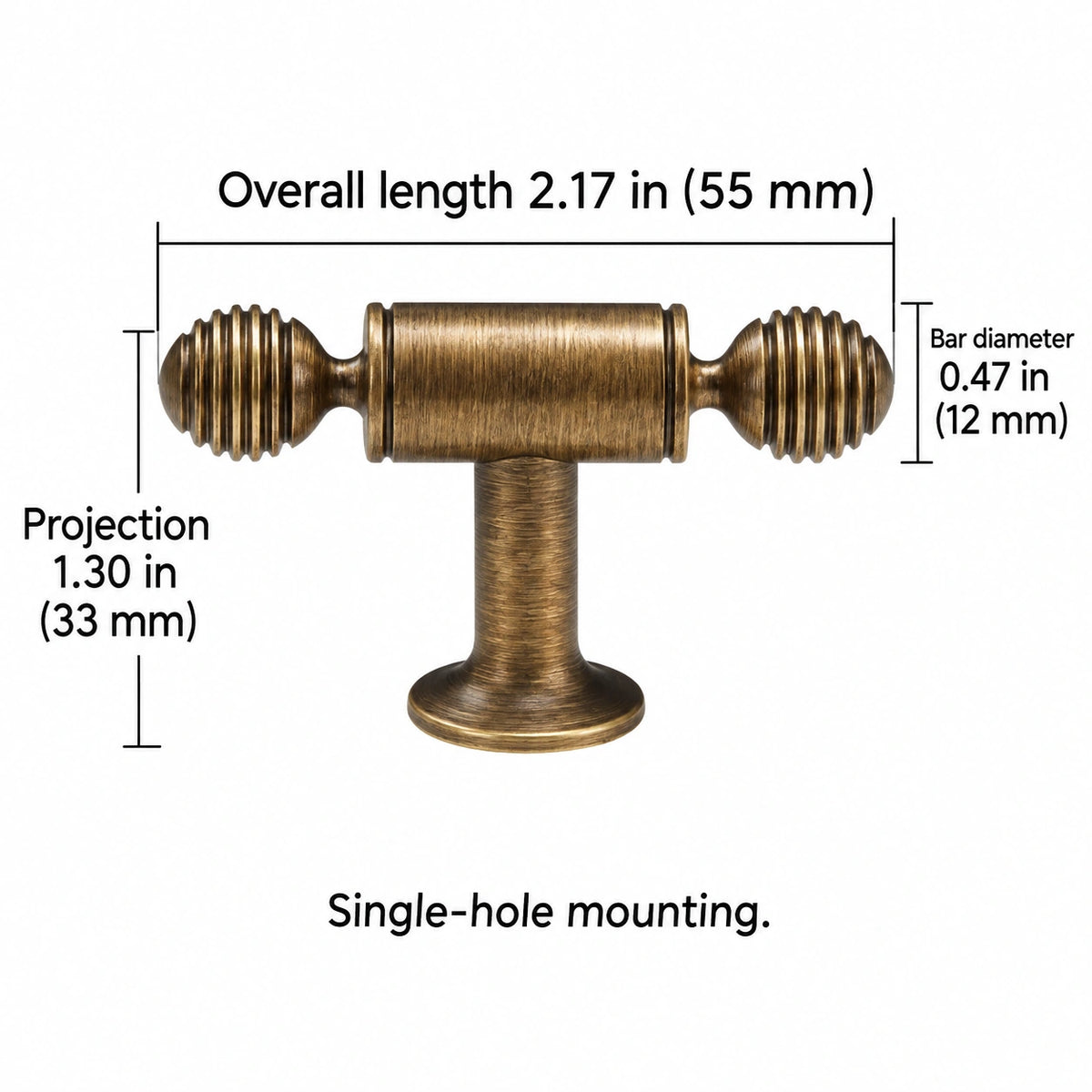 Antique brass ringed ball hardware dimensions: Overall length 2.17 in (55 mm); Projection 1.30 in (33 mm); Bar diameter 0.47 in (12 mm); Single-hole mounting
