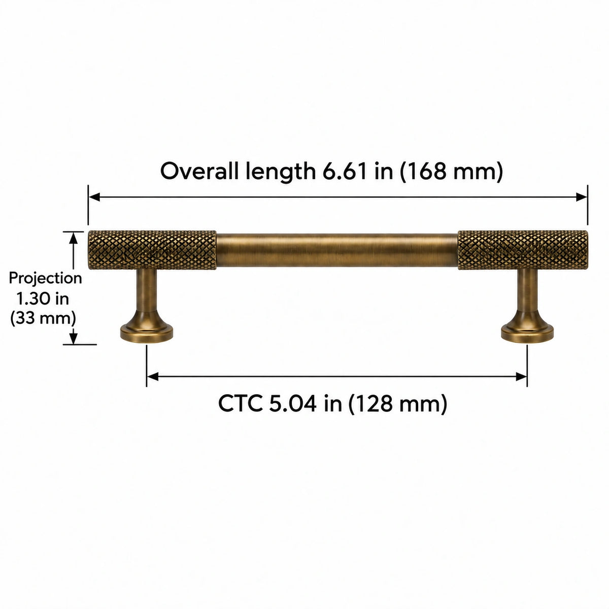 Antique brass knurled-end cabinet pull dimensions: Overall length 6.61 in (168 mm); CTC 5.04 in (128 mm); Projection 1.30 in (33 mm)