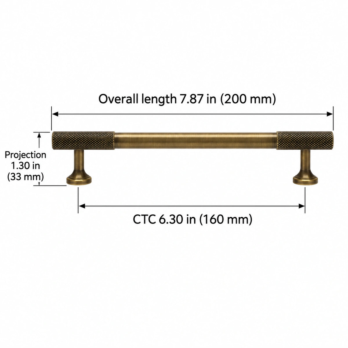 Antique brass knurled-end cabinet pull dimensions: Overall length 7.87 in (200 mm); CTC 6.30 in (160 mm); Projection 1.30 in (33 mm)
