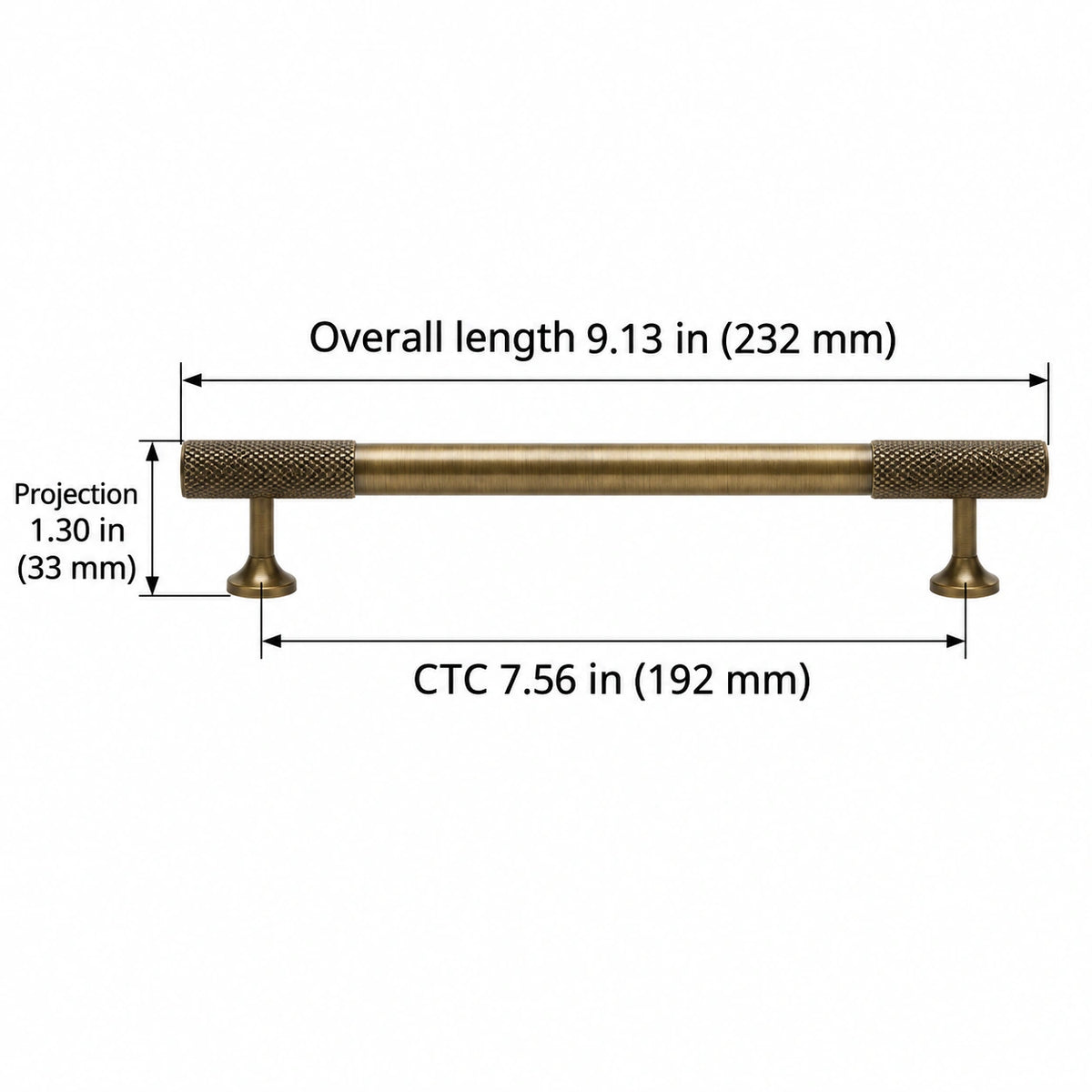 Antique brass knurled-end cabinet pull dimensions: Overall length 9.13 in (232 mm); CTC 7.56 in (192 mm); Projection 1.30 in (33 mm)