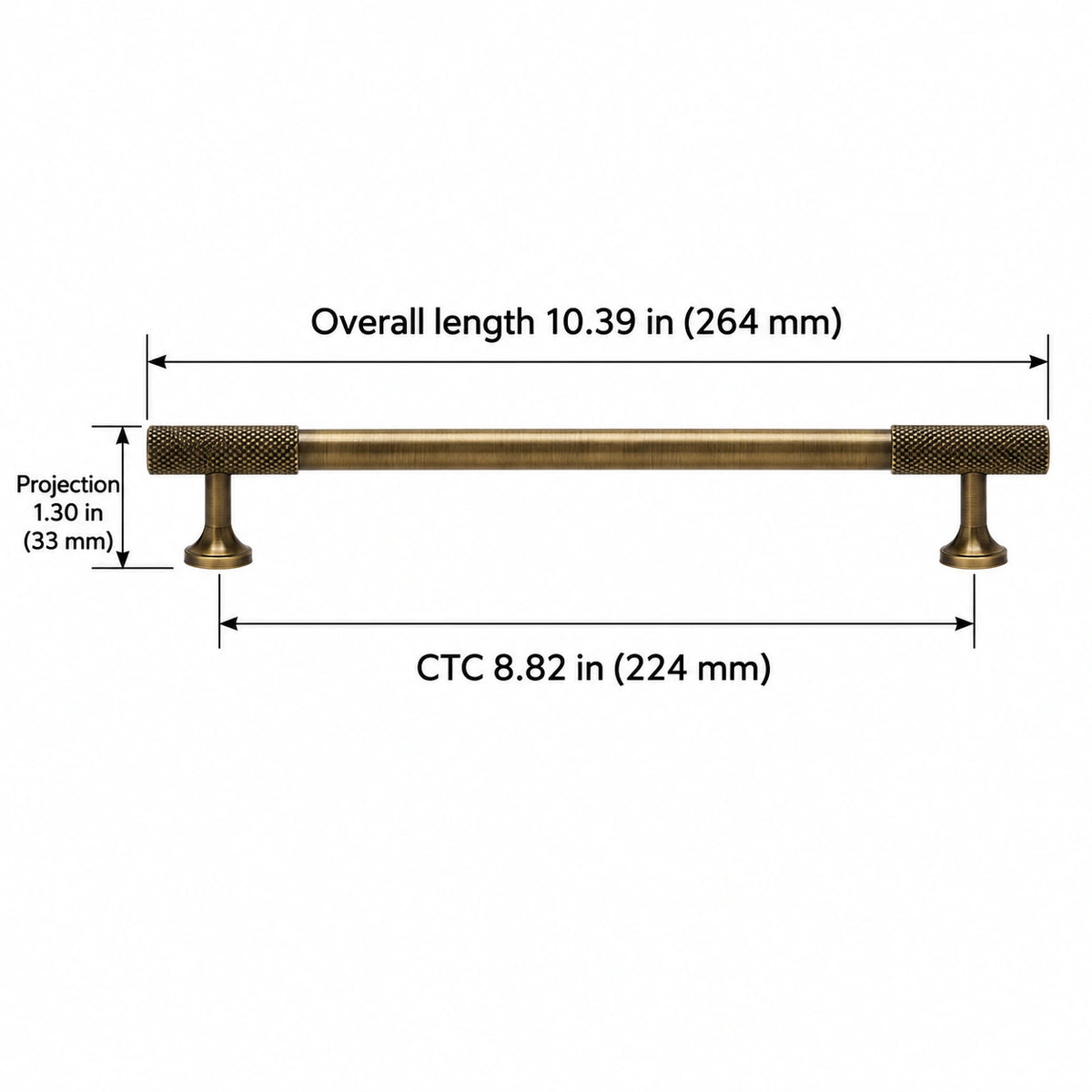 Antique brass knurled-end cabinet pull dimensions: Overall length 10.39 in (264 mm); CTC 8.82 in (224 mm); Projection 1.30 in (33 mm)