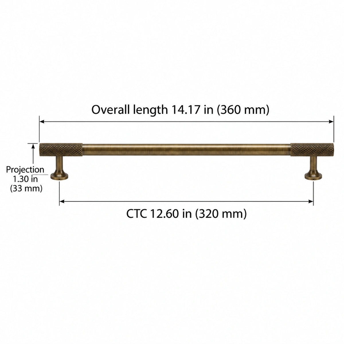 Antique brass knurled-end cabinet pull dimensions: Overall length 14.17 in (360 mm); CTC 12.60 in (320 mm); Projection 1.30 in (33 mm)