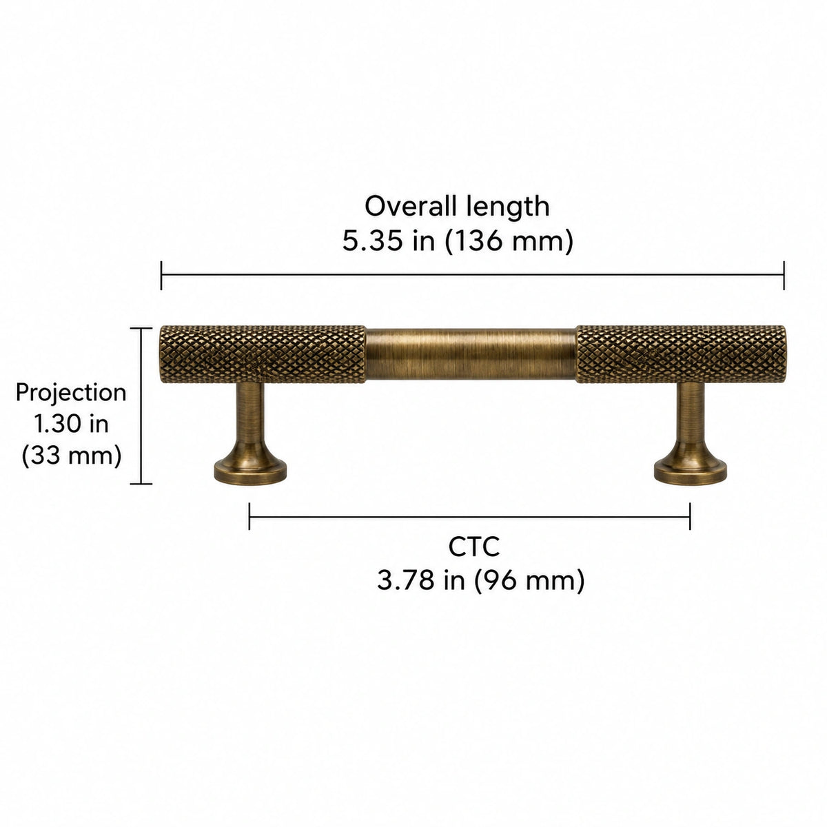 Antique brass knurled-end cabinet pull dimensions: Overall length 5.35 in (136 mm); CTC 3.78 in (96 mm); Projection 1.30 in (33 mm)